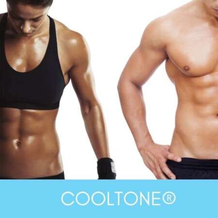 Man and woman with sculpted and toned figures after cooltone treatment.